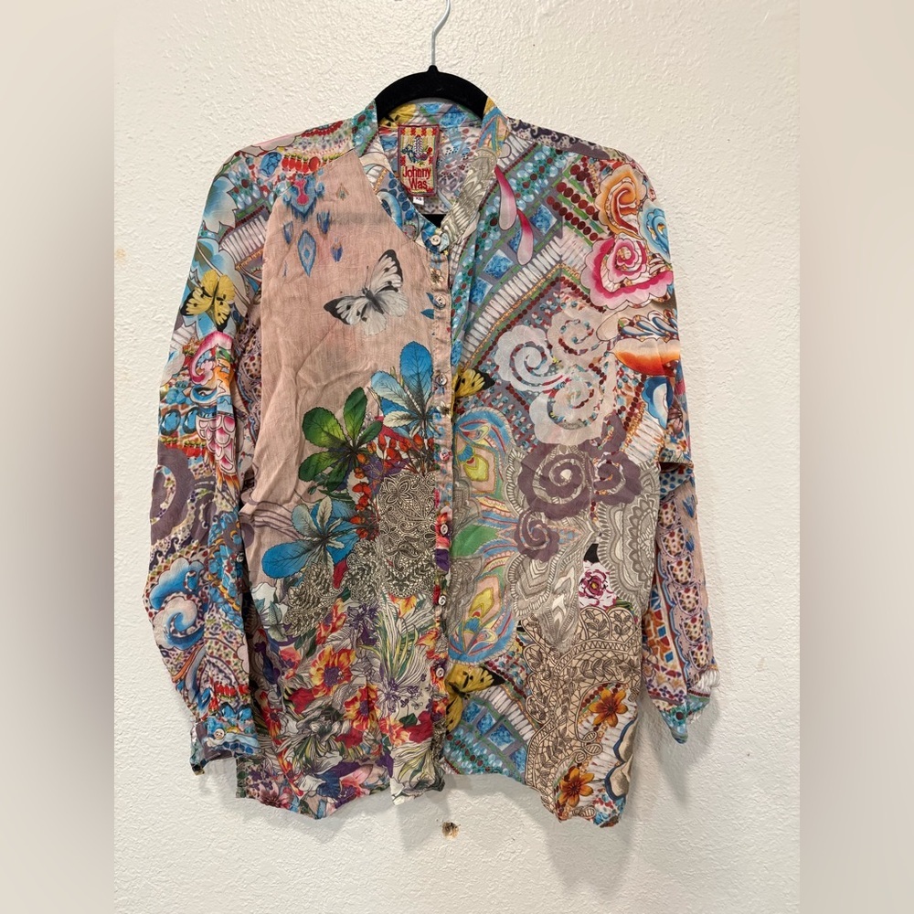 Johnny Was XS Patchwork Boho Button Front Blouse Floral Butterfly Cupra Rayon